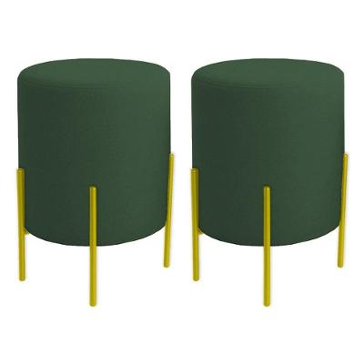 Kit 2 Puffs Orgânicos Boucle Thor Com Pés De Ferro Dourado - 7 Decor Verde Escuro