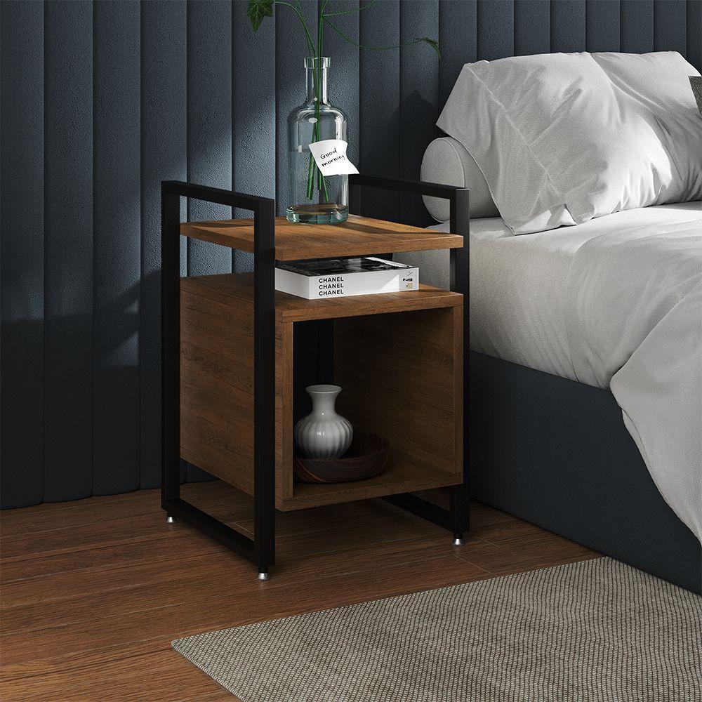 Mesa De Cabeceira Industrial Marrocos Ferro Preto E Tampo Amêndoa - 1