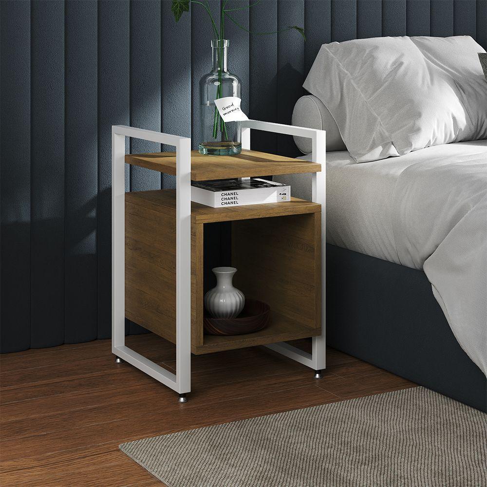 Kit 2 Mesas De Cabeceira Industrial Marrocos Ferro Branco E Tampo Freijó - 2