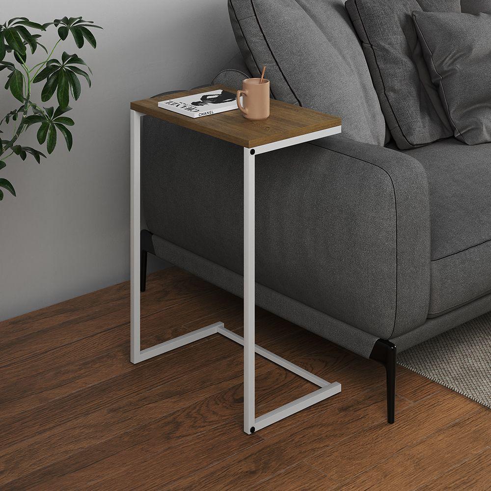 Mesa Lateral De Apoio Industrial Sofá Charmme Ferro Branco E Tampo Freijó - 1
