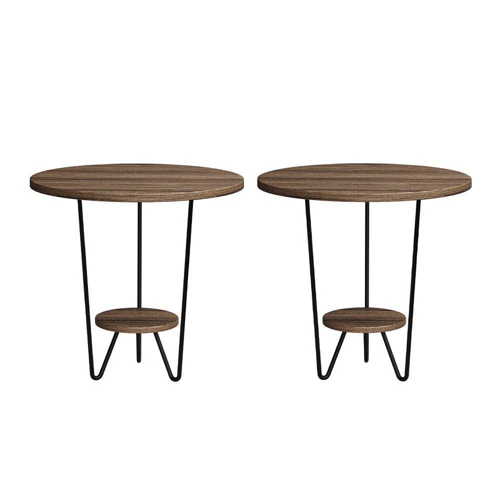 Kit 2 Mesas Laterais Redonda Industrial Italy Ferro Preto E Tampo Amêndoa - 1