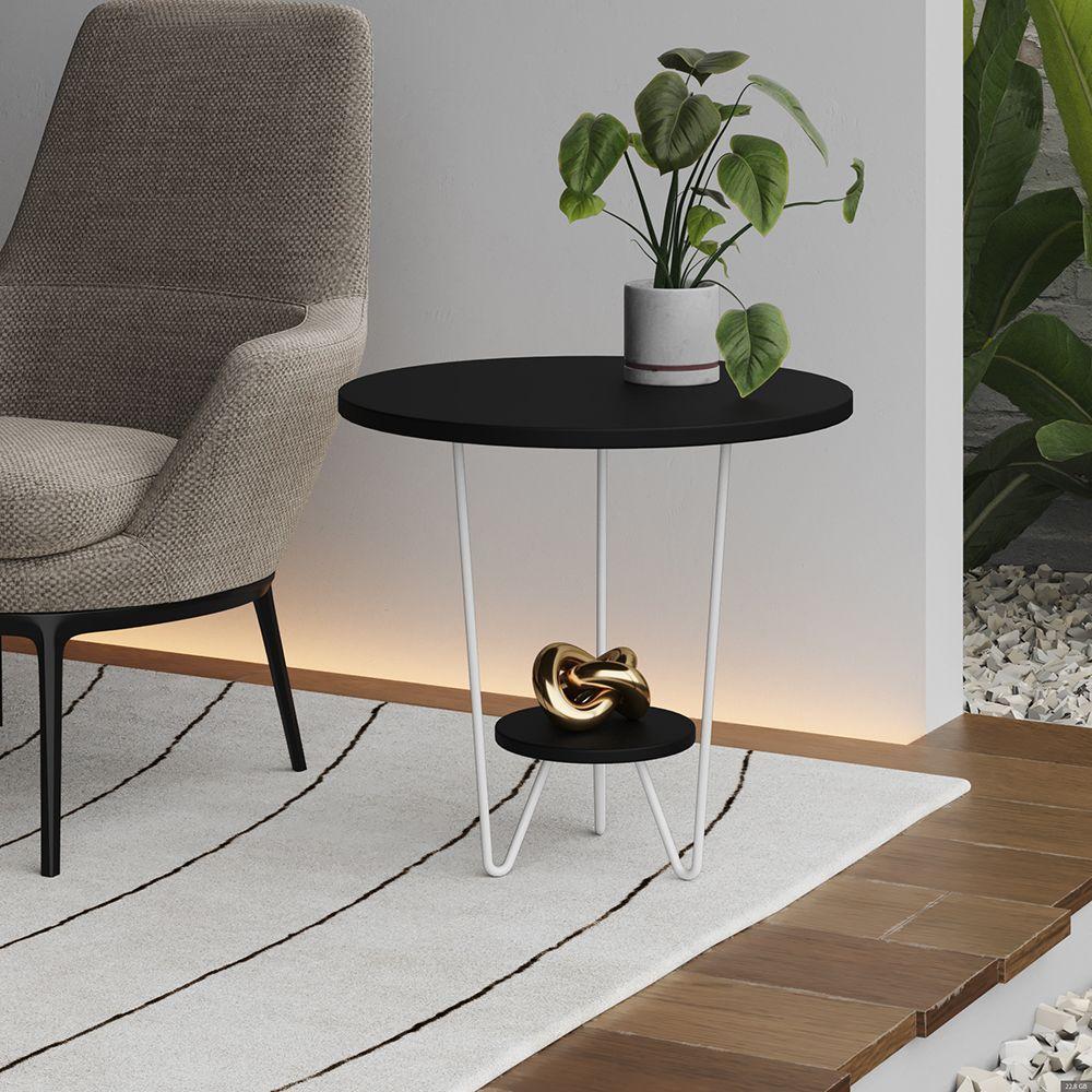 Mesa Lateral Redonda Industrial Italy Ferro Branco E Tampo Preto - 1