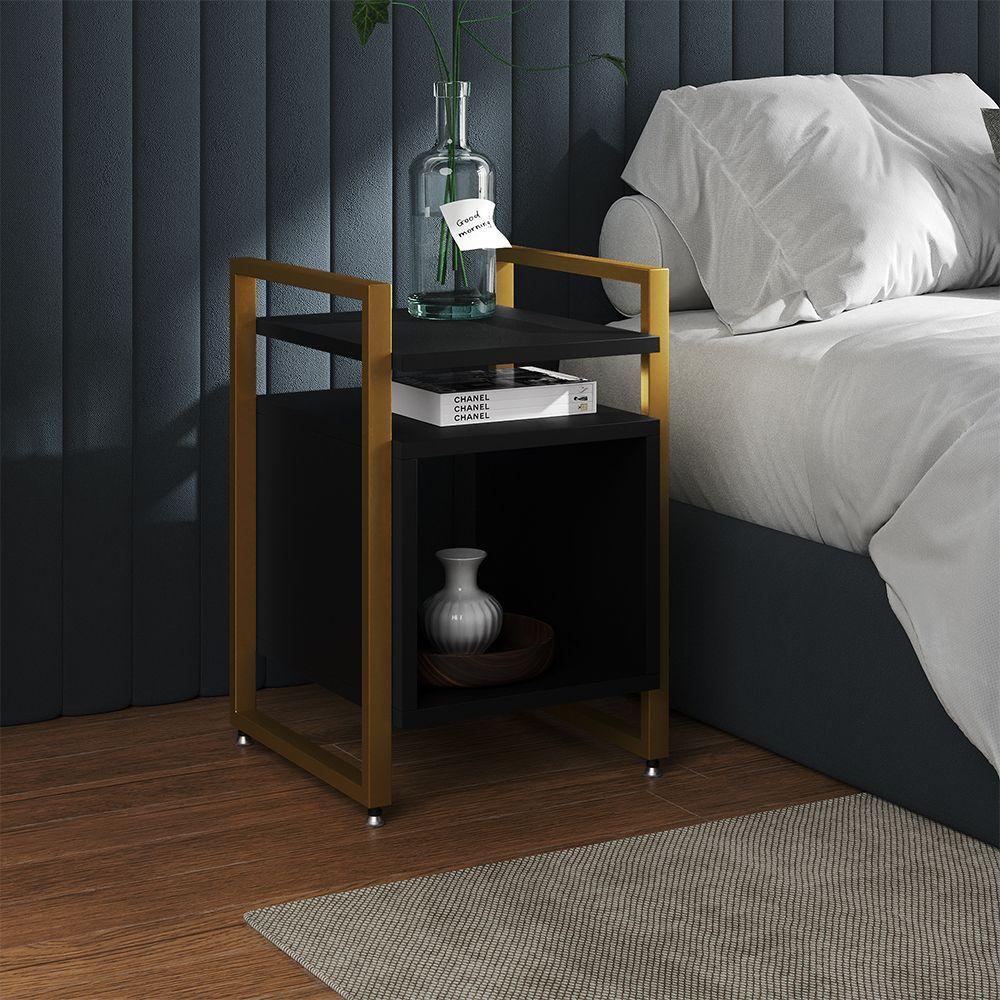 Kit 2 Mesas De Cabeceira Industrial Marrocos Ferro Dourado E Tampo Preto - 2