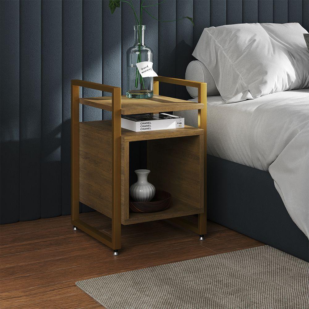 Kit 2 Mesas De Cabeceira Industrial Marrocos Ferro Dourado E Tampo Freijó - 2