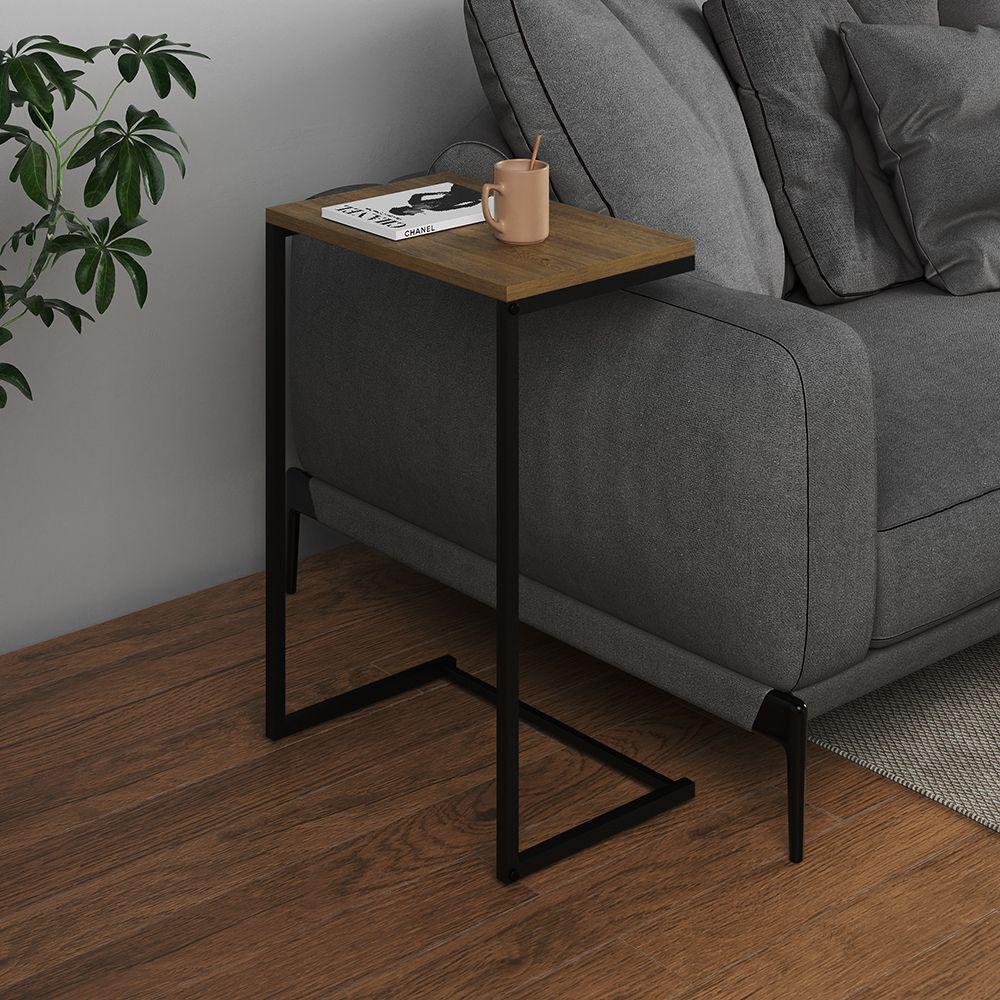 Mesa Lateral De Apoio Industrial Sofá Charmme Ferro Preto E Tampo Freijó - 1