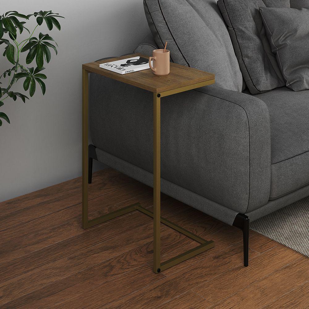 Mesa Lateral De Apoio Industrial Sofá Charmme Ferro Dourado E Tampo Freijó - 1