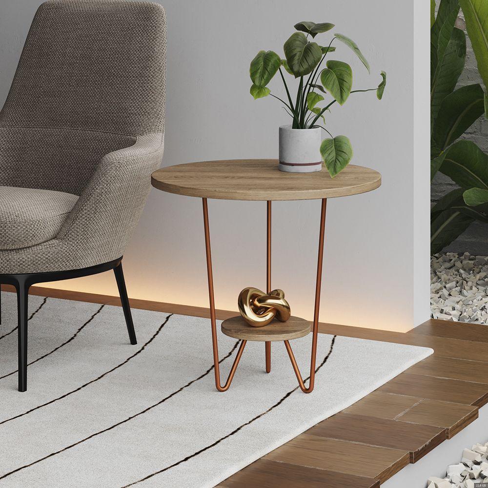 Mesa Lateral Redonda Industrial Italy Ferro Cobre E Tampo Freijó - 1