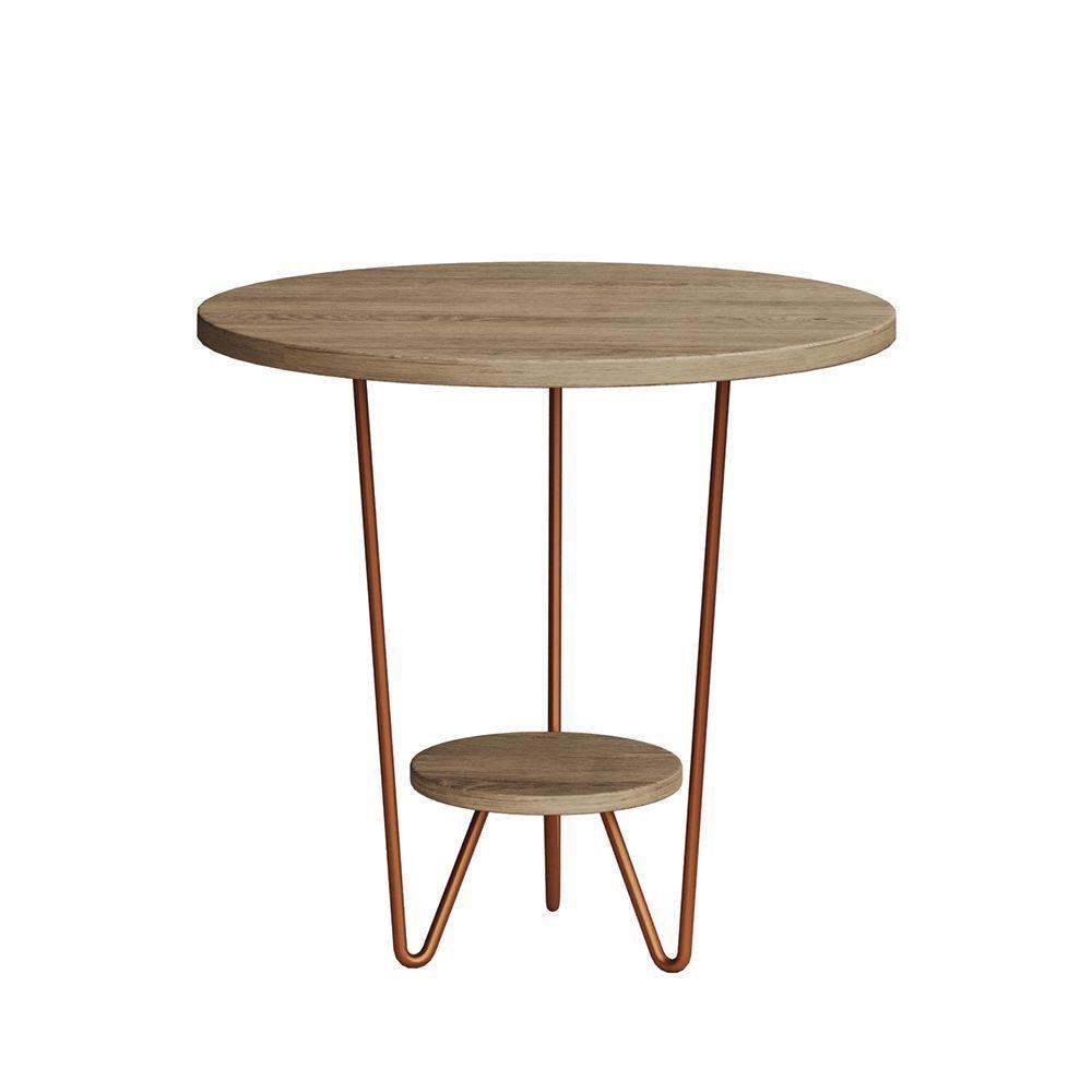 Mesa Lateral Redonda Industrial Italy Ferro Cobre E Tampo Freijó - 2