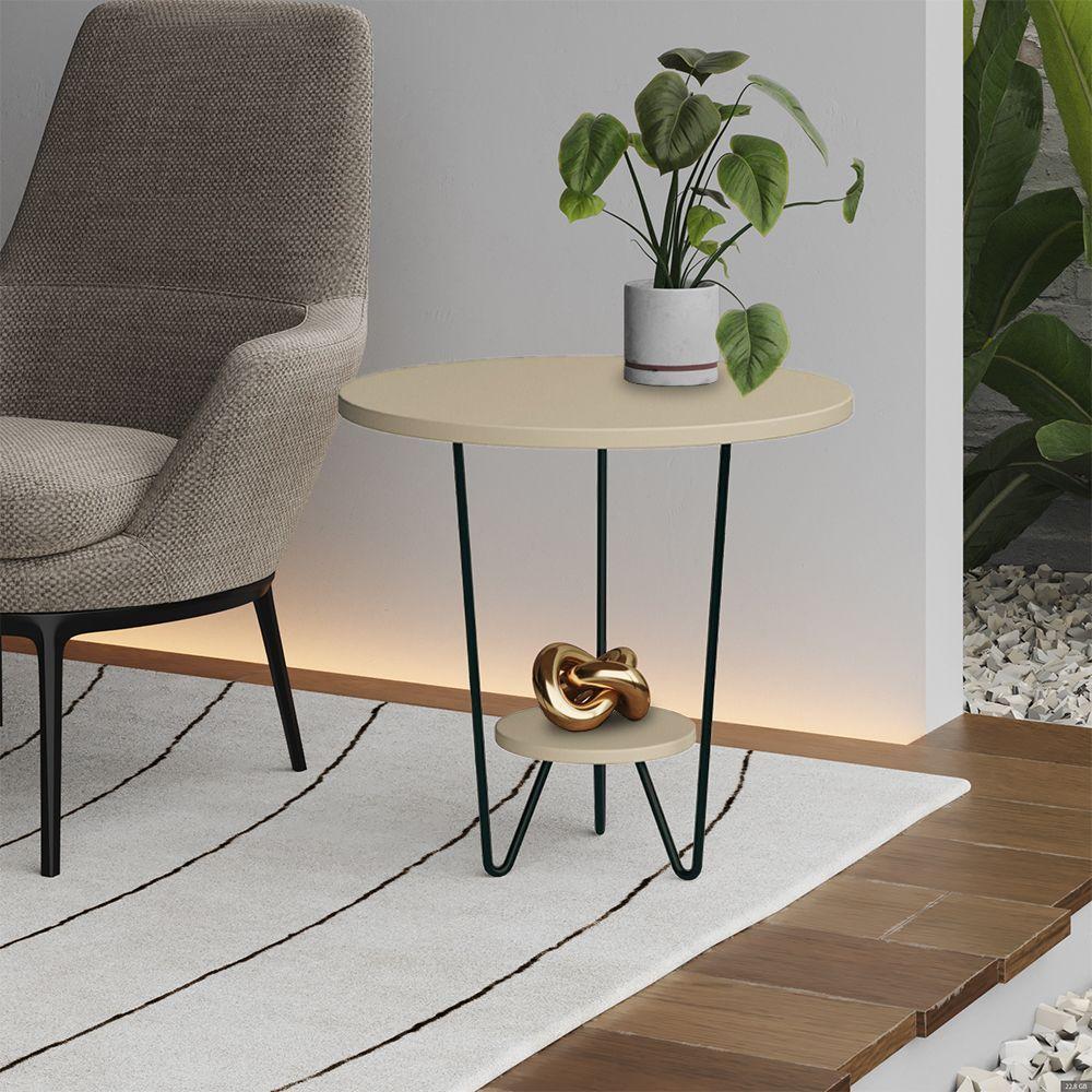 Mesa Lateral Redonda Industrial Italy Ferro Preto E Tampo Off-white - 1