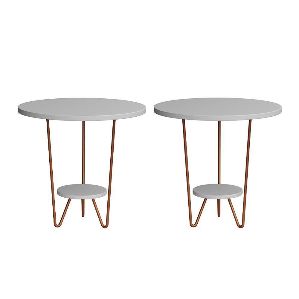 Kit 2 Mesas Laterais Redonda Industrial Italy Ferro Cobre E Tampo Branco - 1