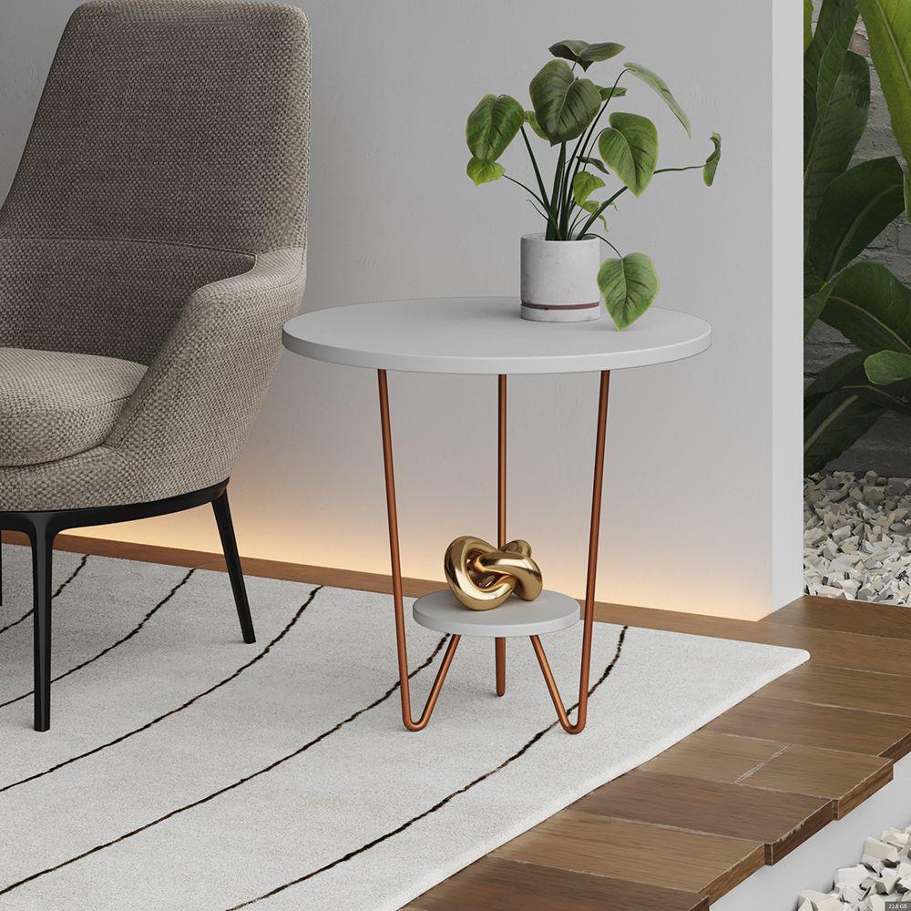 Kit 2 Mesas Laterais Redonda Industrial Italy Ferro Cobre E Tampo Branco - 2