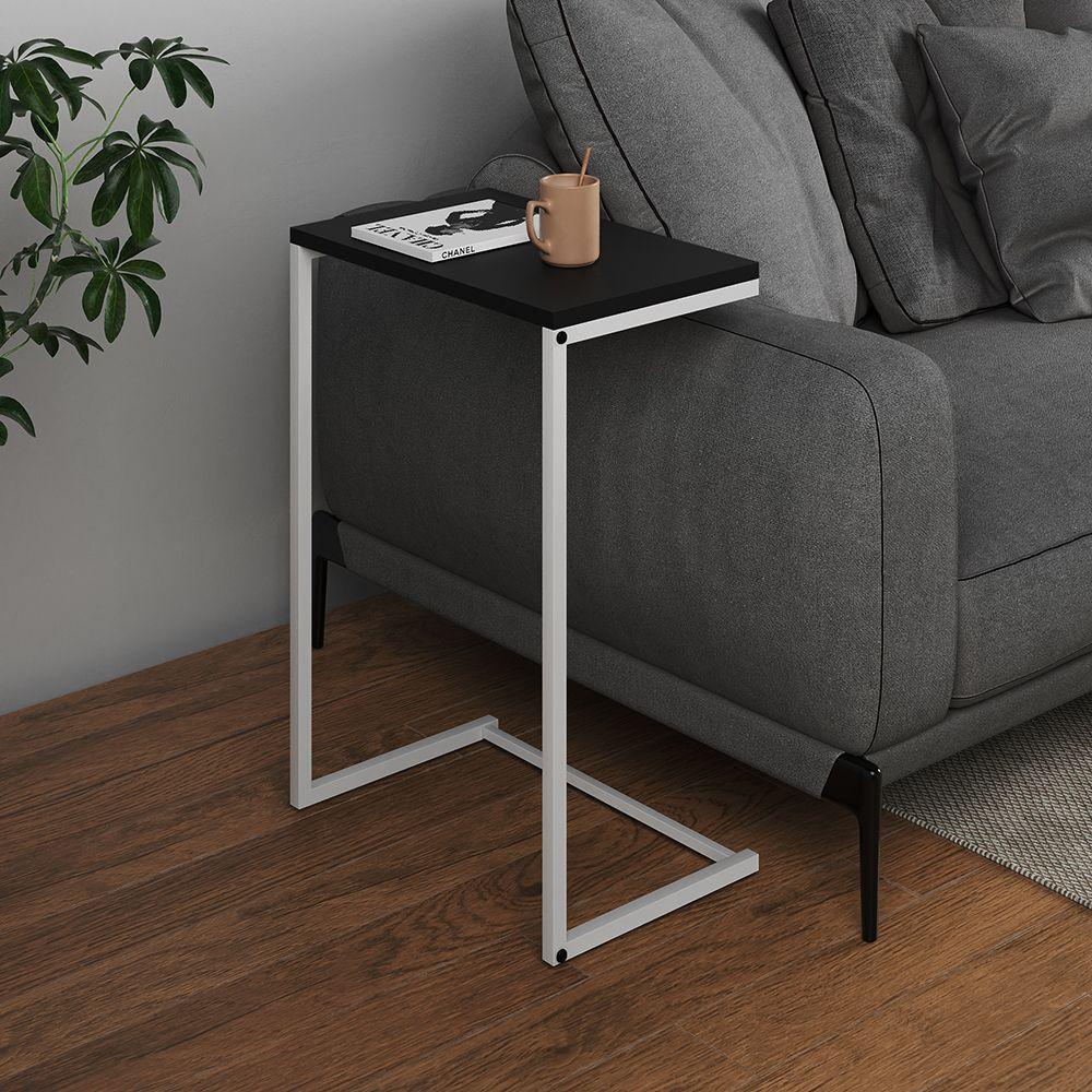 Mesa Lateral De Apoio Industrial Sofá Charmme Ferro Branco E Tampo Preto - 1
