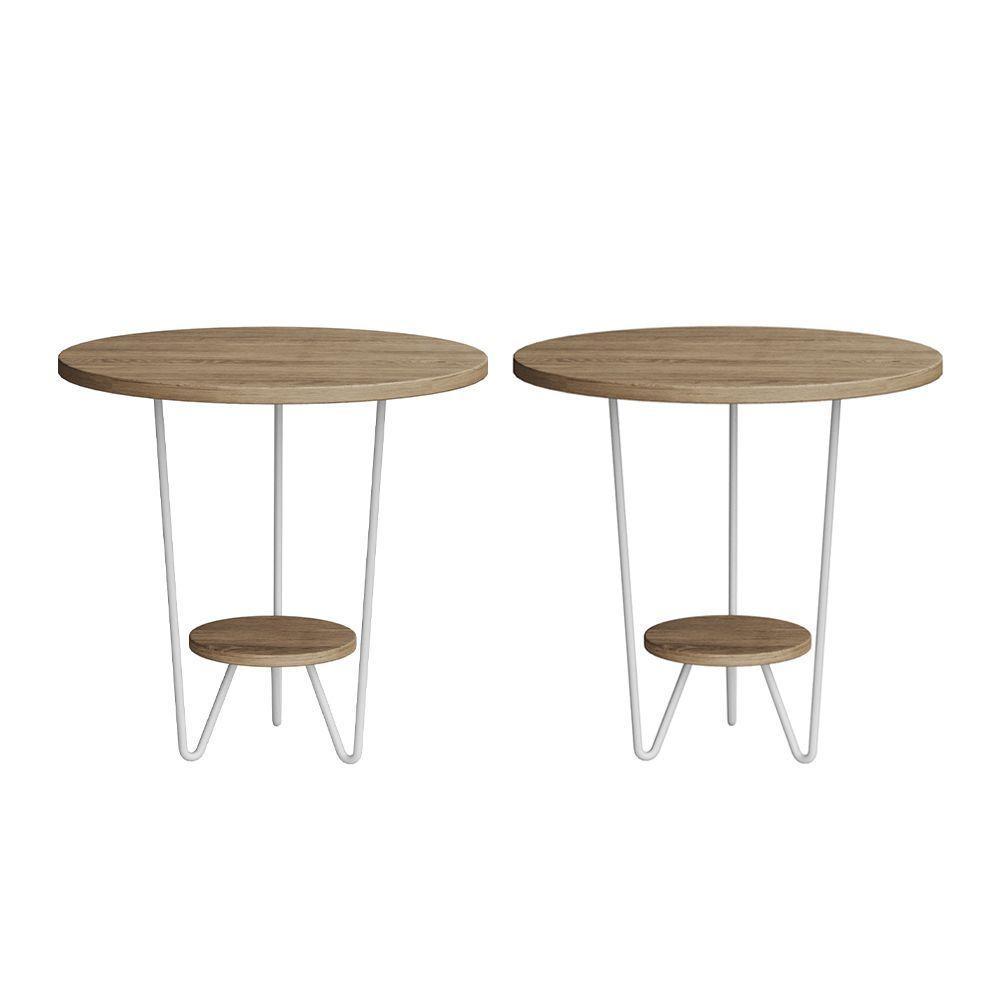 Kit 2 Mesas Laterais Redonda Industrial Italy Ferro Branco E Tampo Freijó - 1