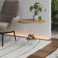 Kit 2 Mesas Laterais Redonda Industrial Italy Ferro Branco E Tampo Freijó - 2