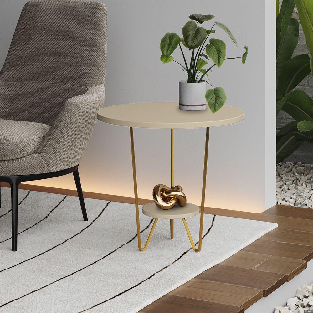 Mesa Lateral Redonda Industrial Italy Ferro Dourado E Tampo Off-white - 1