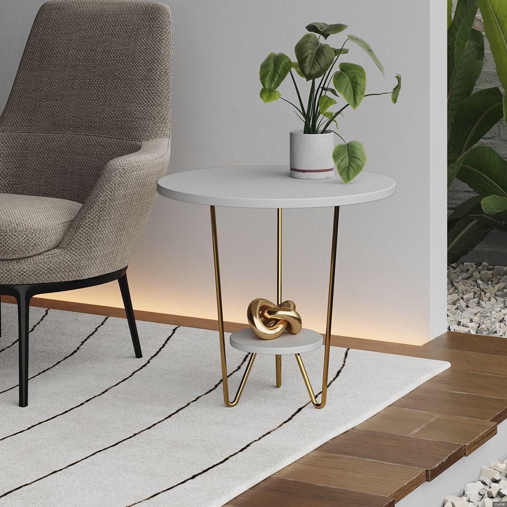 Mesa Lateral Redonda Industrial Italy Ferro Dourado E Tampo Branco - 1