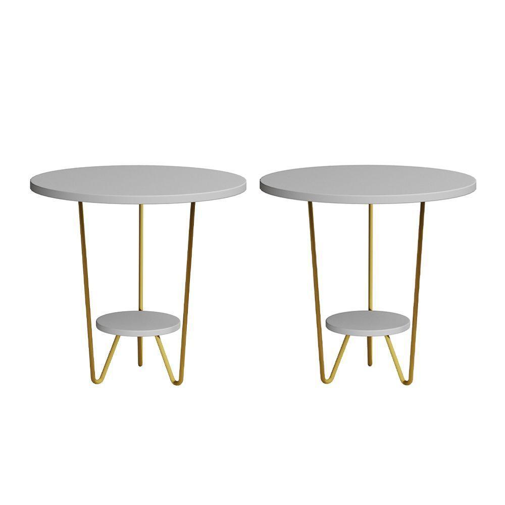 Kit 2 Mesas Laterais Redonda Industrial Italy Ferro Dourado E Tampo Branco - 1