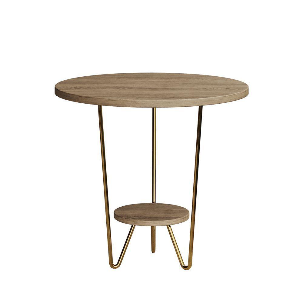 Mesa Lateral Redonda Industrial Italy Ferro Dourado E Tampo Freijó - 2