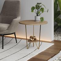 Mesa Lateral Redonda Industrial Italy Ferro Dourado E Tampo Freijó - 1