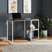 Mesa Escritório Berlim Industrial Com Prateleira Ferro Branco Tampo 110x46 Amêndoa - 1