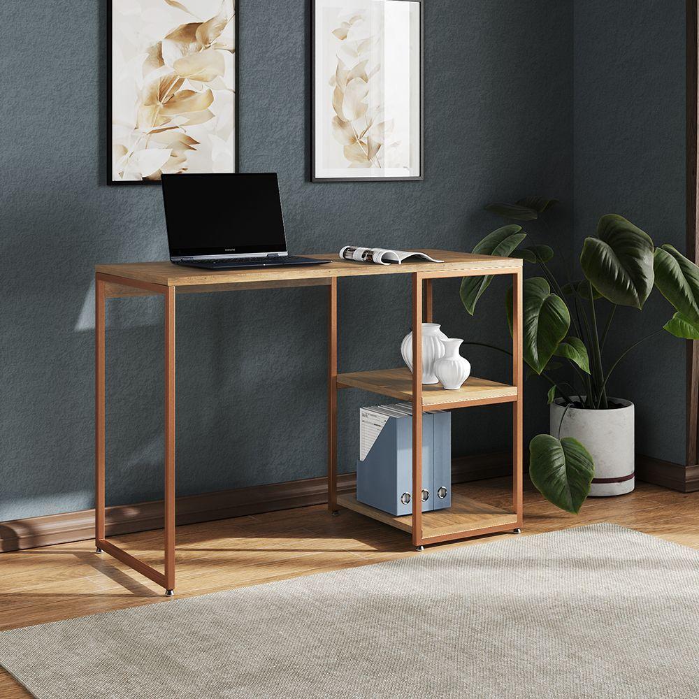 Mesa Escritório Berlim Industrial Com Prateleira Ferro Cobre Tampo 110x46 Freijó - 1