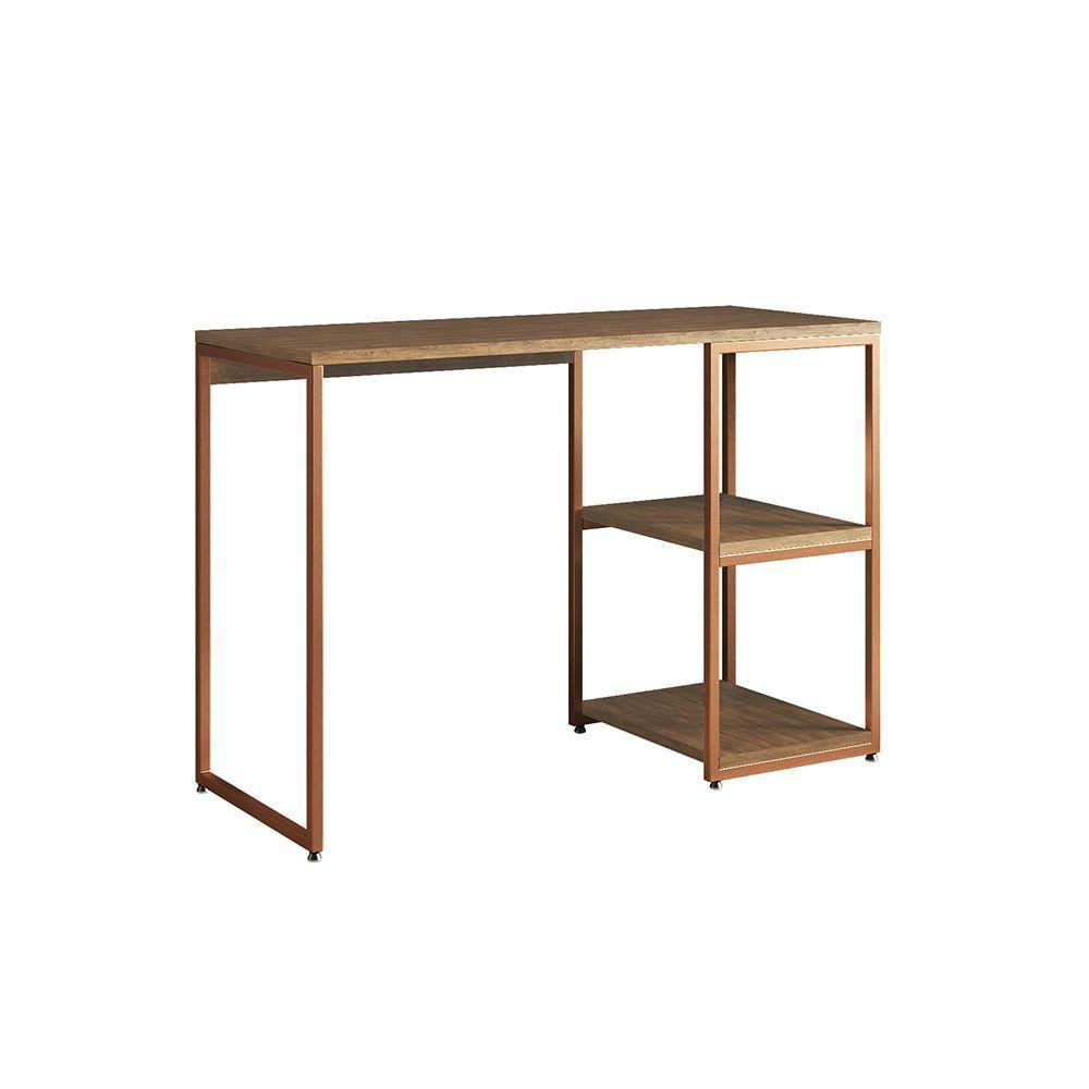 Mesa Escritório Berlim Industrial Com Prateleira Ferro Cobre Tampo 110x46 Freijó - 2
