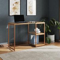 Mesa Escritório Berlim Industrial Com Prateleira Ferro Cobre Tampo 110x46 Freijó - 1