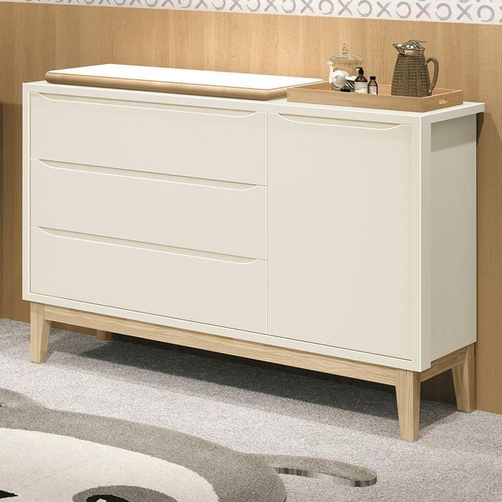 Cômoda Infantil Classic 1 Porta E 3 Gavetas Areia Fosco Com Pés Madeira Natural - Reller Móveis Areia Fosco - 3