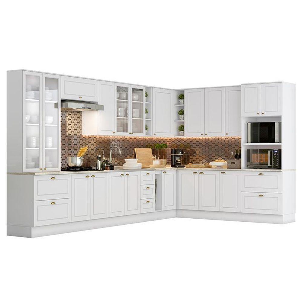 Cozinha Completa De Canto Americana 14 Peças Branco Com Cristaleira - Móveis Henn Branco - 1
