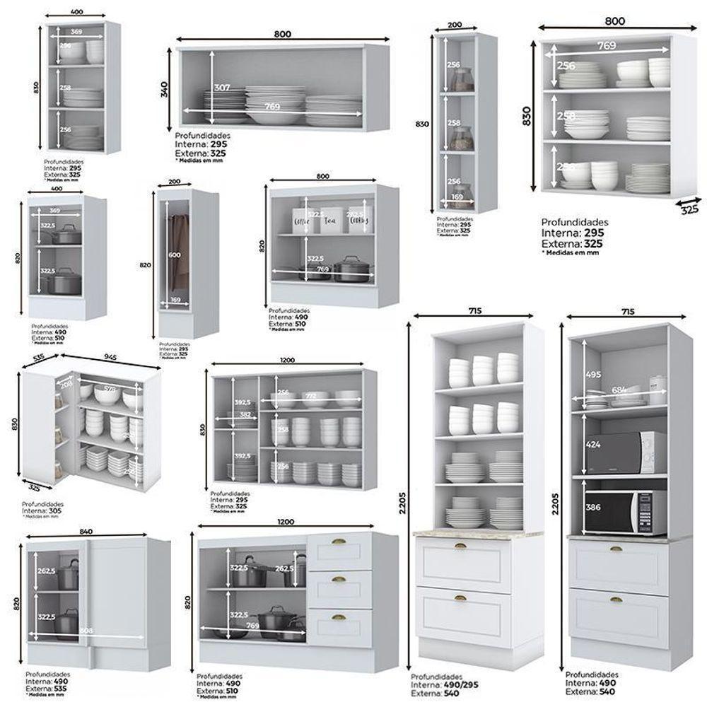 Cozinha Completa De Canto Americana 14 Peças Branco Com Cristaleira - Móveis Henn Branco - 4