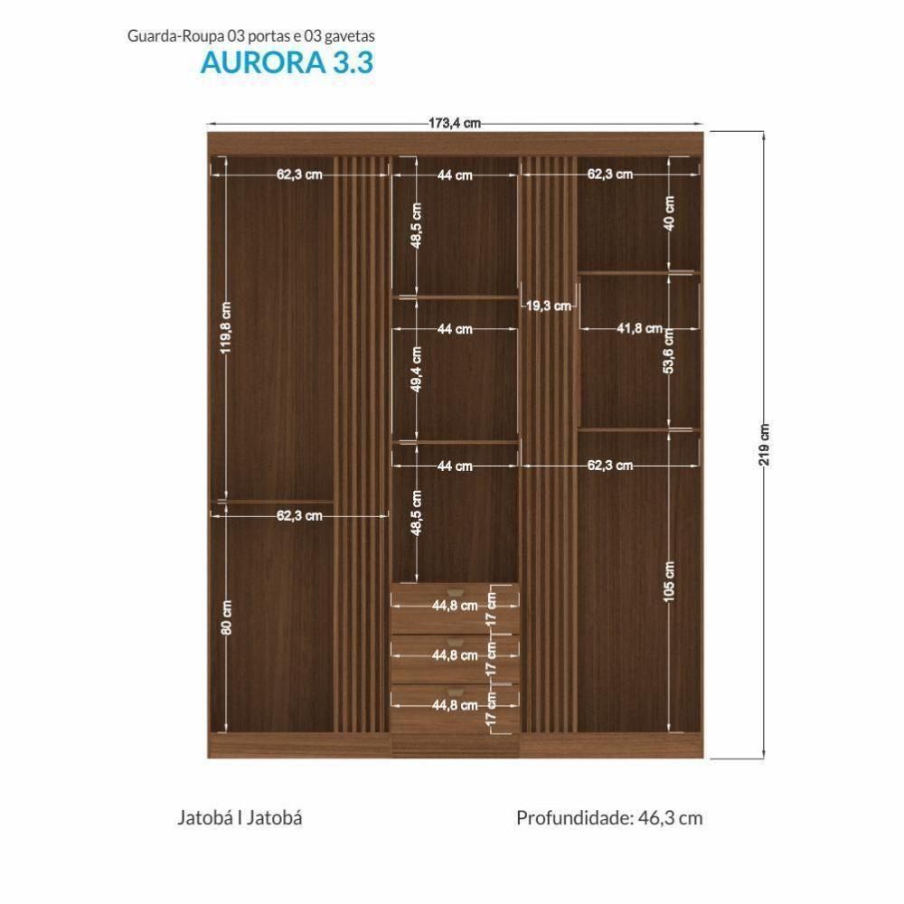 Guarda Roupa Aurora 3.3 Ripado 3 Portas E 3 Gavetas Jatobá - Santos Andirá Jatobá - 4