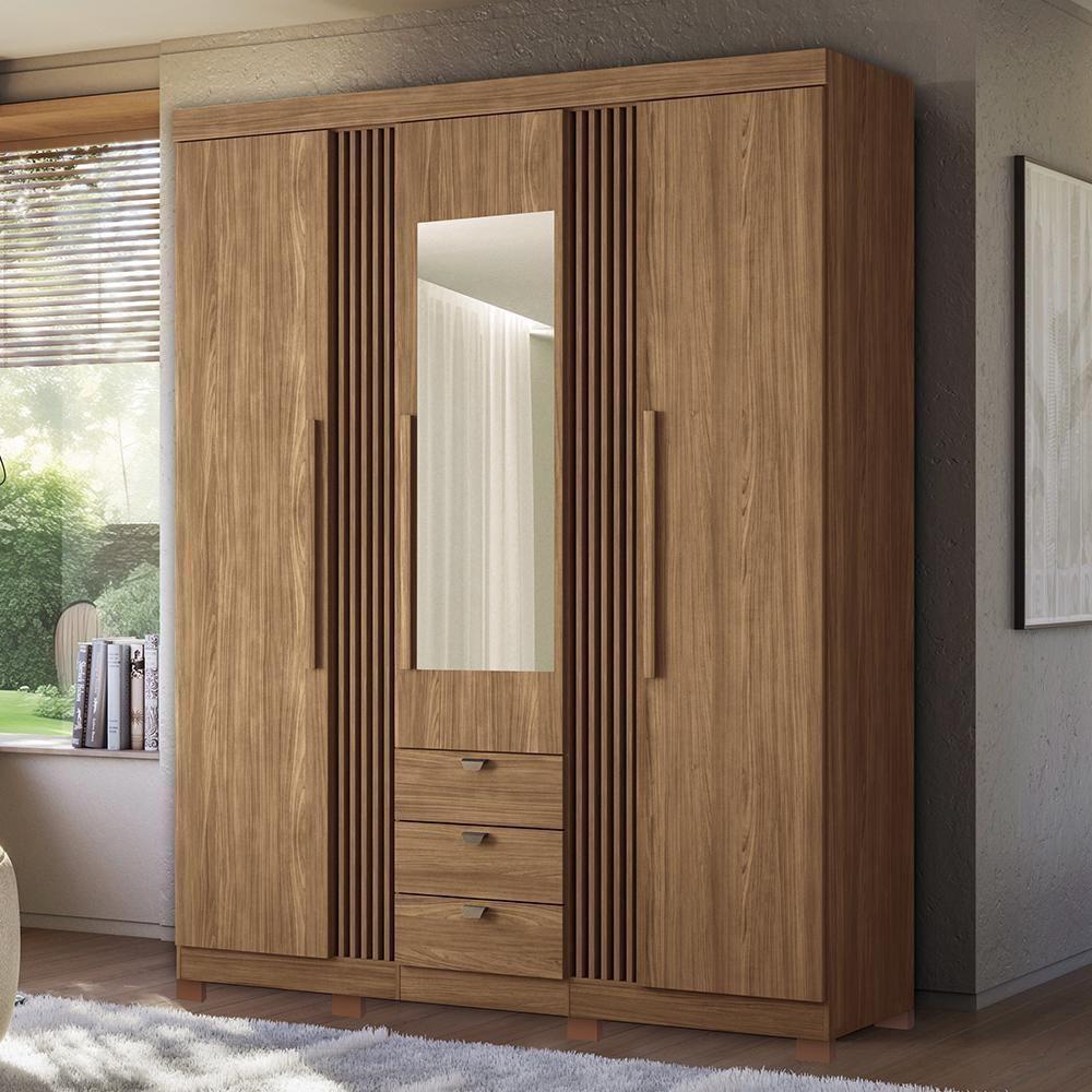 Guarda Roupa Aurora 3.3 Ripado 3 Portas E 3 Gavetas Jatobá Com Espelho E Pés - Santos Andirá Jatobá - 2