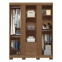 Guarda Roupa Aurora 3.3 Ripado 3 Portas E 3 Gavetas Jatobá Com Espelho E Pés - Santos Andirá Jatobá - 3