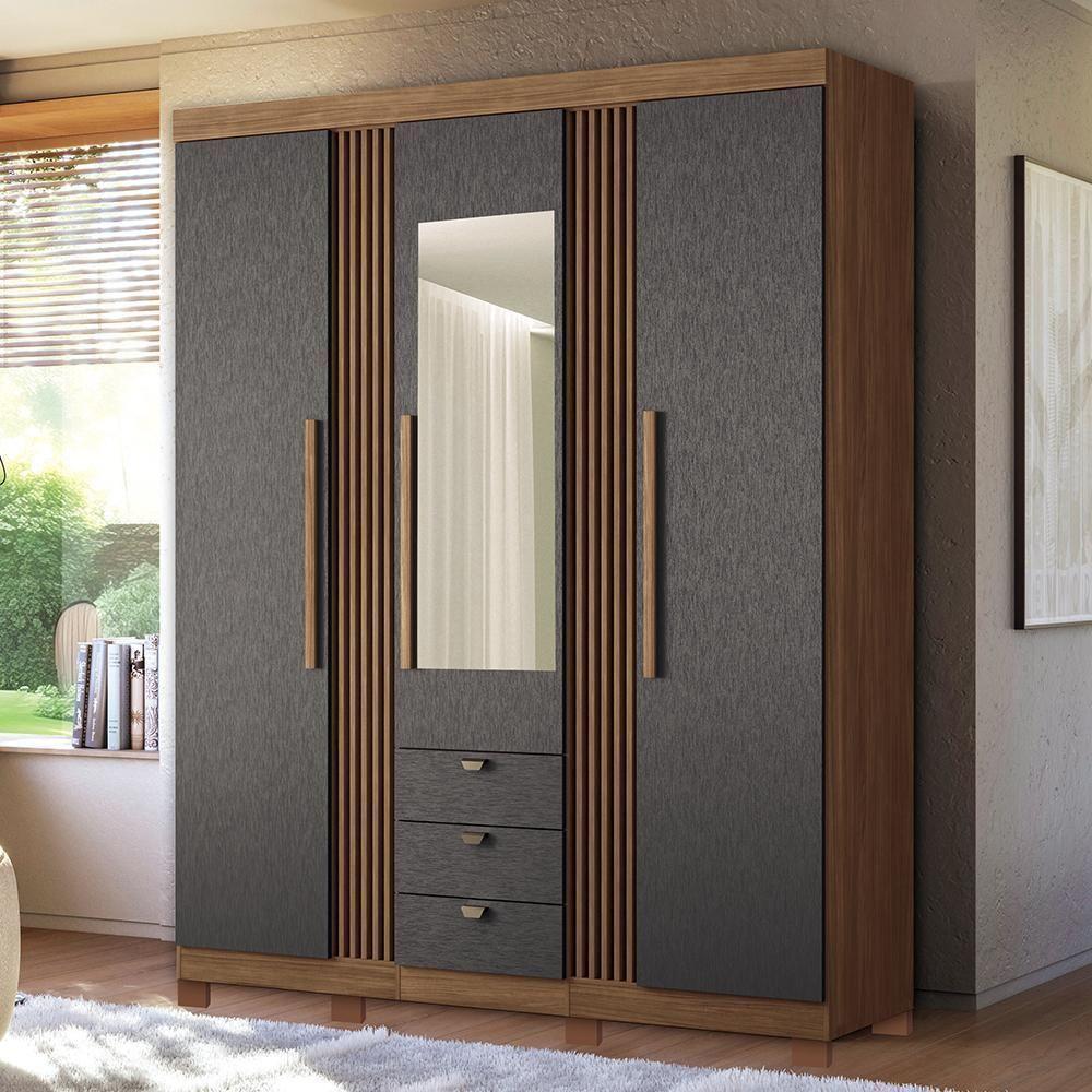 Guarda Roupa Aurora 3.3 Ripado 3 Portas E 3 Gavetas Jatobá-grafite Com Espelho E Pés - Santos Andirá Jatobá-grafite - 2