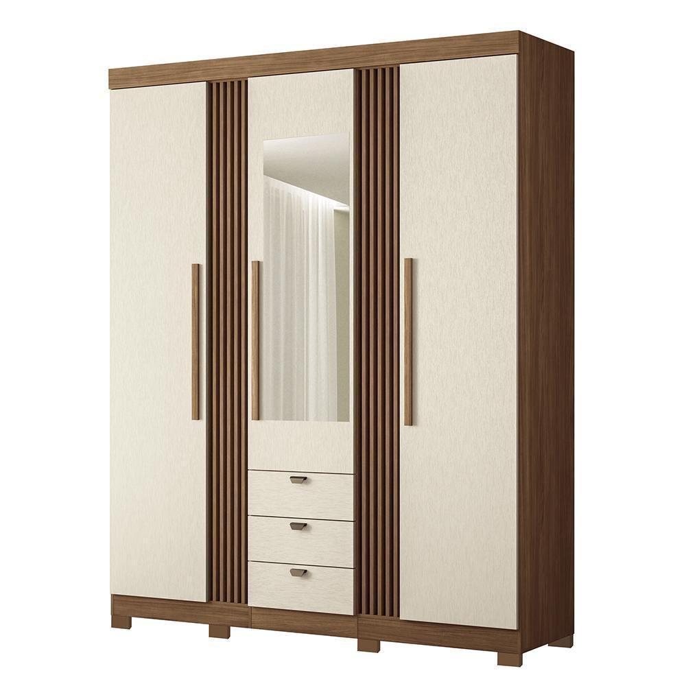 Guarda Roupa Aurora 3.3 Ripado 3 Portas E 3 Gavetas Jatobá-areia Com Espelho E Pés - Santos Andirá Jatobá-areia - 1