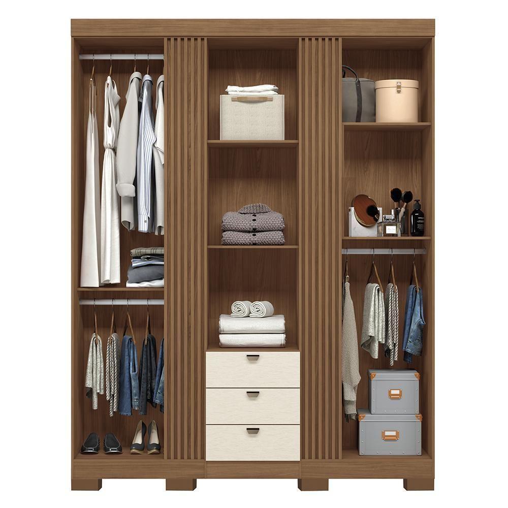 Guarda Roupa Aurora 3.3 Ripado 3 Portas E 3 Gavetas Jatobá-areia Com Espelho E Pés - Santos Andirá Jatobá-areia - 3