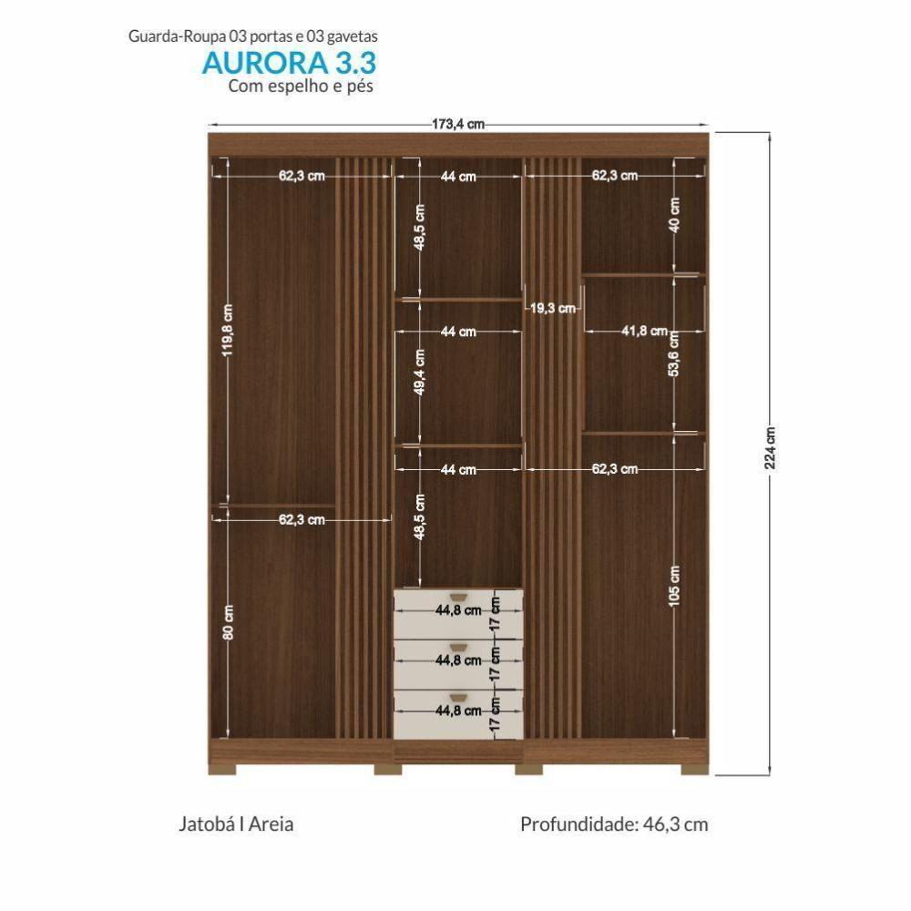 Guarda Roupa Aurora 3.3 Ripado 3 Portas E 3 Gavetas Jatobá-areia Com Espelho E Pés - Santos Andirá Jatobá-areia - 4