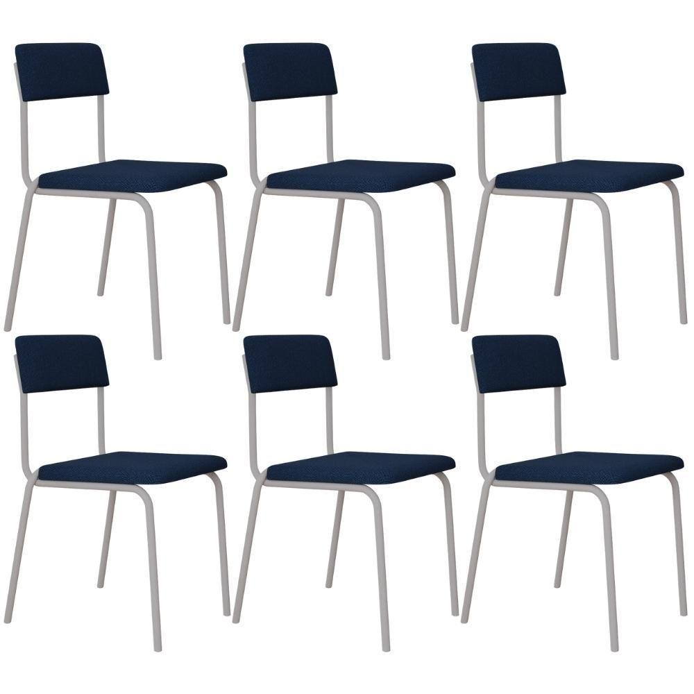 Kit 06 Cadeiras Estofada Para Sala De Jantar Sense Branco C01 Linho Azul Escuro - Lyam Decor - 1