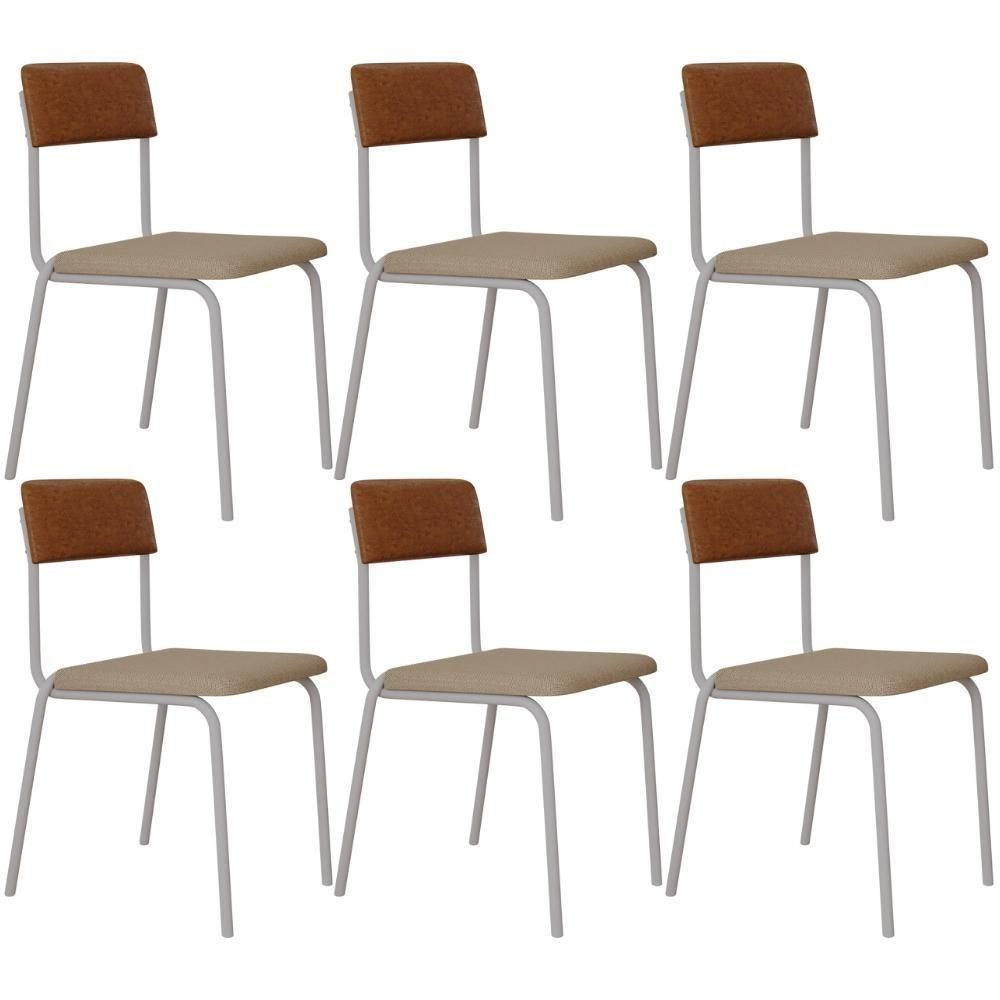 Kit 06 Cadeiras Estofada Para Sala De Jantar Sense Branco C01 Linho Areia Courino Caramelo - Lyam Decor - 1