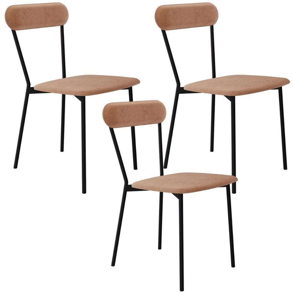 Kit 03 Cadeiras Estofada Para Sala De Jantar Liora Preto C01 Veludo Bege - Lyam Decor - 1