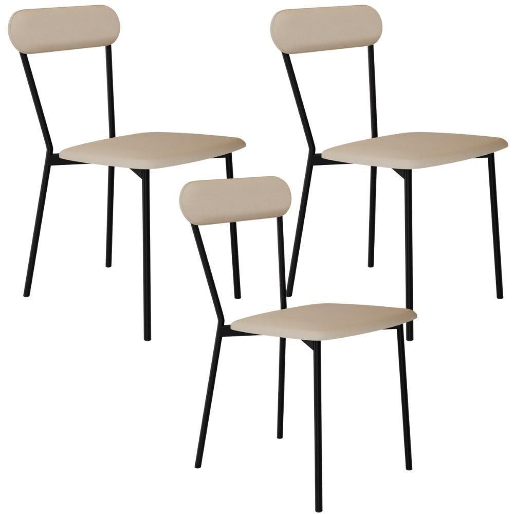 Kit 03 Cadeiras Estofada Para Sala De Jantar Liora Preto C01 Linho Areia - Lyam Decor - 1