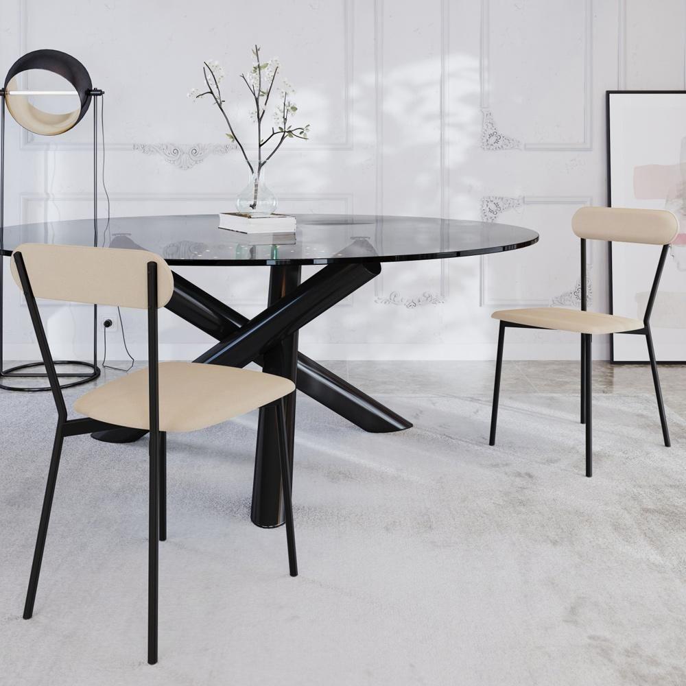 Kit 03 Cadeiras Estofada Para Sala De Jantar Liora Preto C01 Linho Areia - Lyam Decor - 2