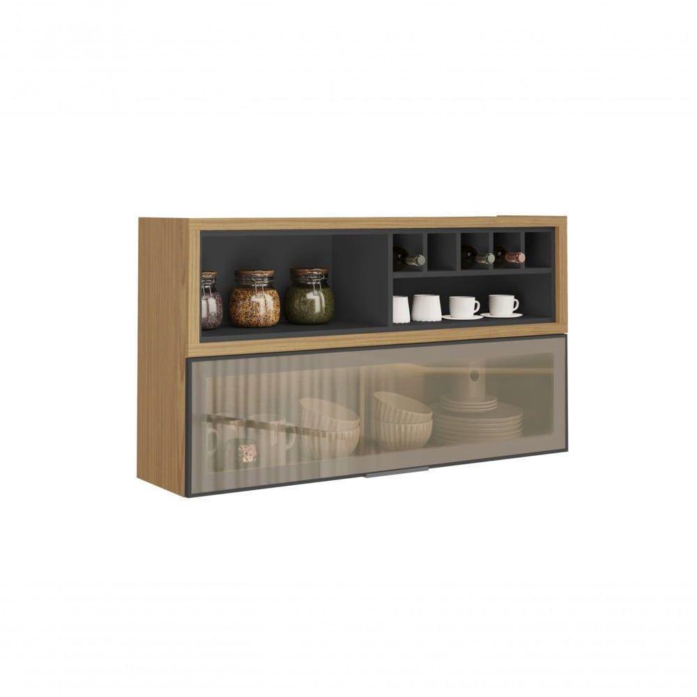 Armário Aéreo 120cm 1 Porta Horizontal Vidro E Nicho Adega New Porto - Itatiaia Freijó-grafite - 1