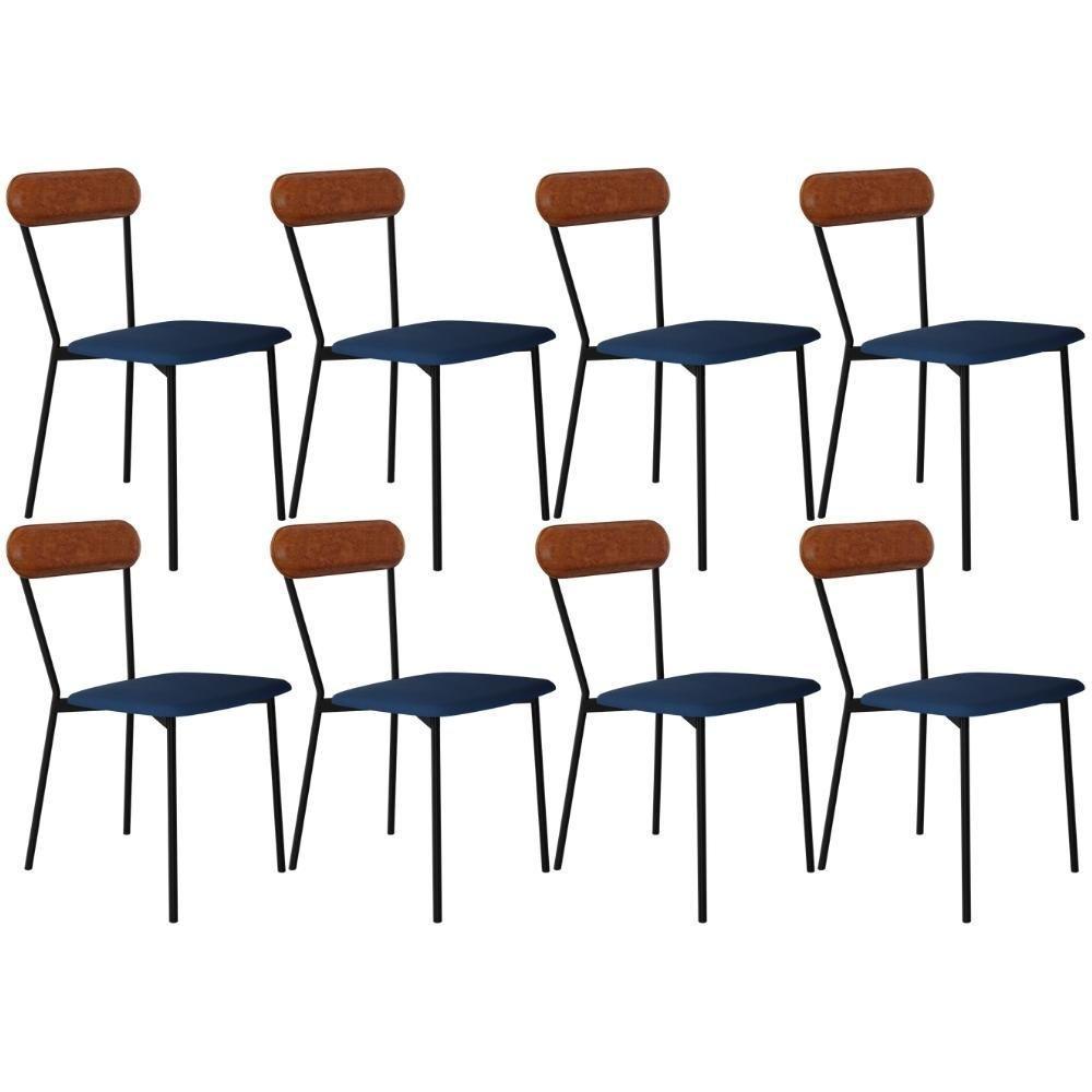 Kit 08 Cadeiras Estofada Para Sala De Jantar Liora Preto C01 Linho Azul Courino Caramelo - Lyam Decor - 1