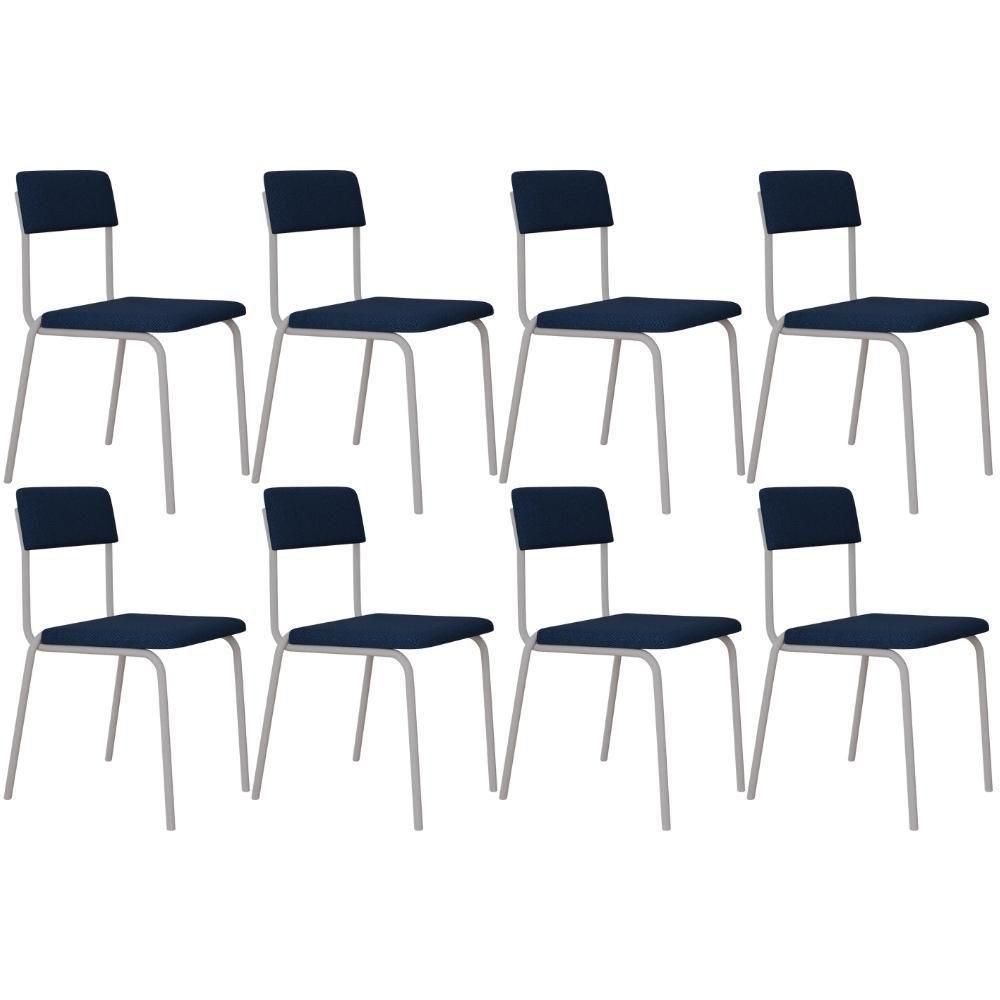 Kit 08 Cadeiras Estofada Para Sala De Jantar Sense Branco C01 Linho Azul Escuro - Lyam Decor - 1