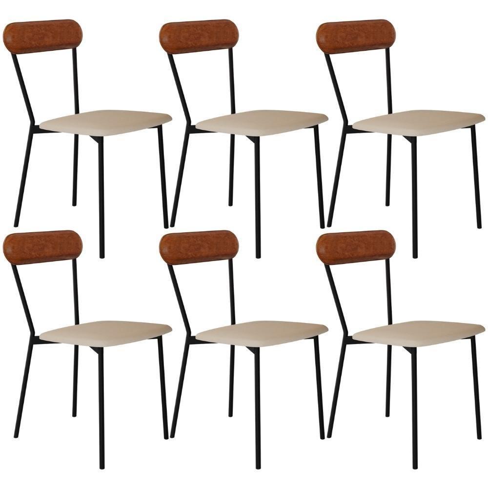 Kit 06 Cadeiras Estofada Para Sala De Jantar Liora Preto C01 Linho Areia Courino Caramelo - Lyam Decor - 1