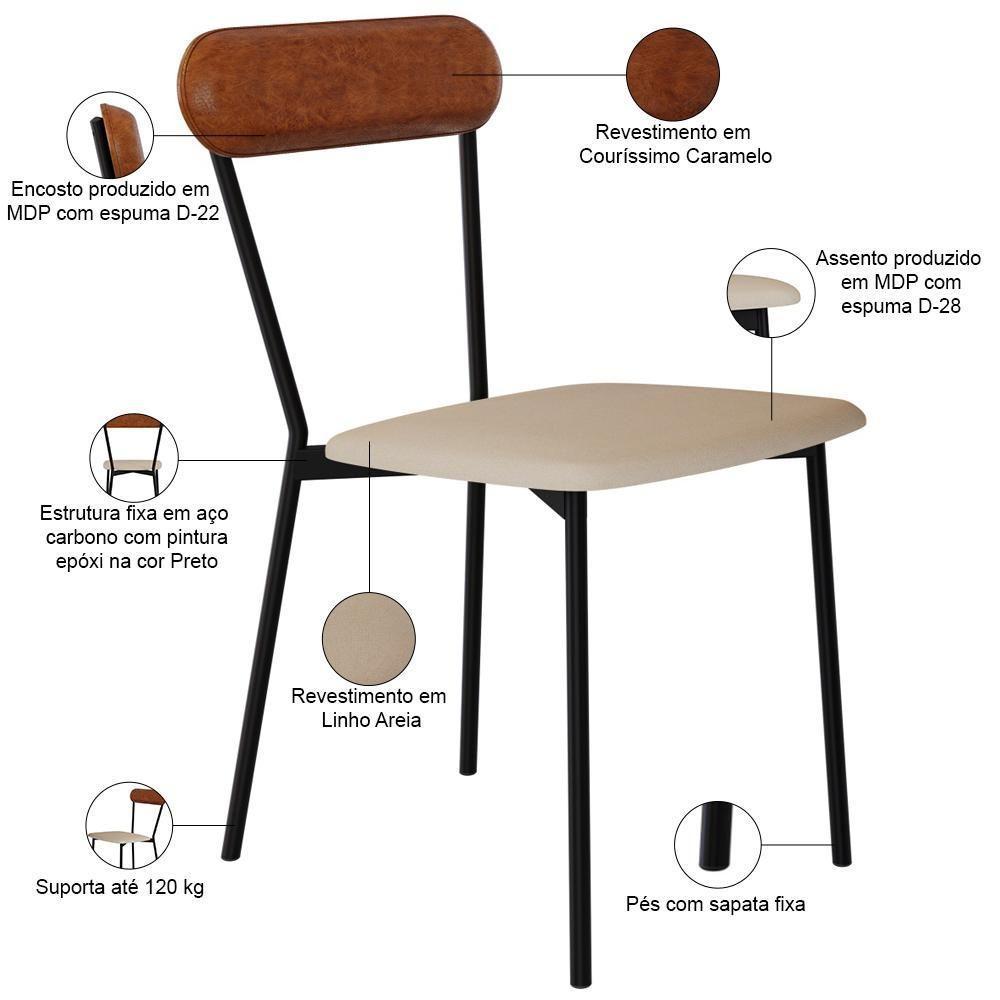 Kit 06 Cadeiras Estofada Para Sala De Jantar Liora Preto C01 Linho Areia Courino Caramelo - Lyam Decor - 4