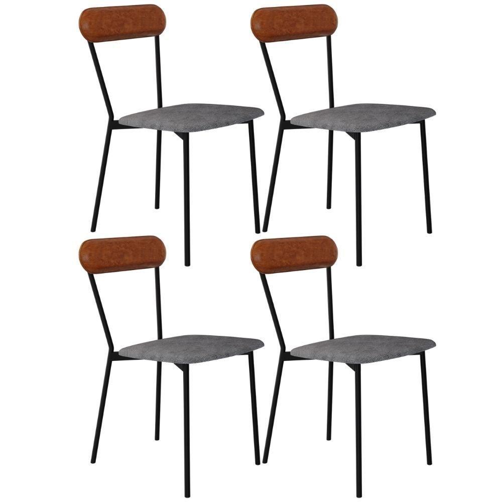 Kit 04 Cadeiras Estofada Para Sala De Jantar Liora Preto C01 Linho Prata Courino Caramelo - Lyam Decor - 1