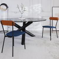 Cadeira Estofada Para Sala De Jantar Liora Preto C01 Linho Azul Courino Caramelo - Lyam Decor - 2