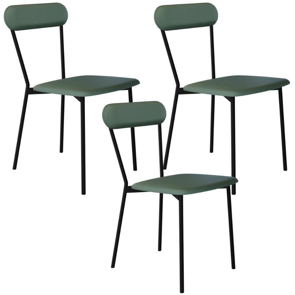 Kit 03 Cadeiras Estofada Para Sala De Jantar Liora Preto C01 Courino Verde Sálvia - Lyam Decor - 1
